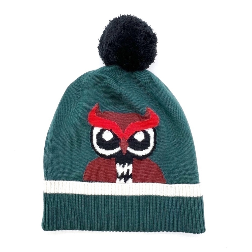 Kate Spade Beanie “Who Me?” Owl Wool Kit Hat Pom Pom Green Red White New NWT